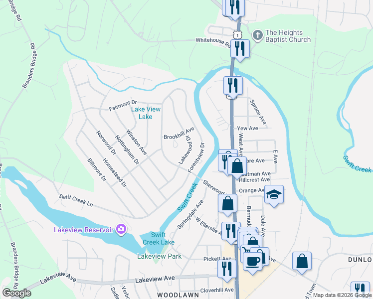 map of restaurants, bars, coffee shops, grocery stores, and more near 103 Brookhill Court in Colonial Heights