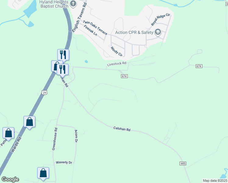 map of restaurants, bars, coffee shops, grocery stores, and more near 341 Barringer Drive in Rustburg