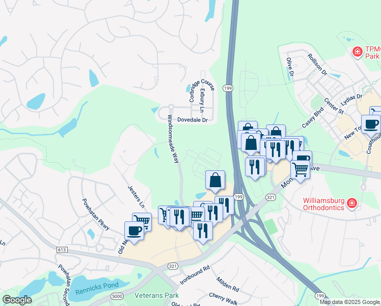 map of restaurants, bars, coffee shops, grocery stores, and more near 2880 Ben Franklin Circle in Williamsburg