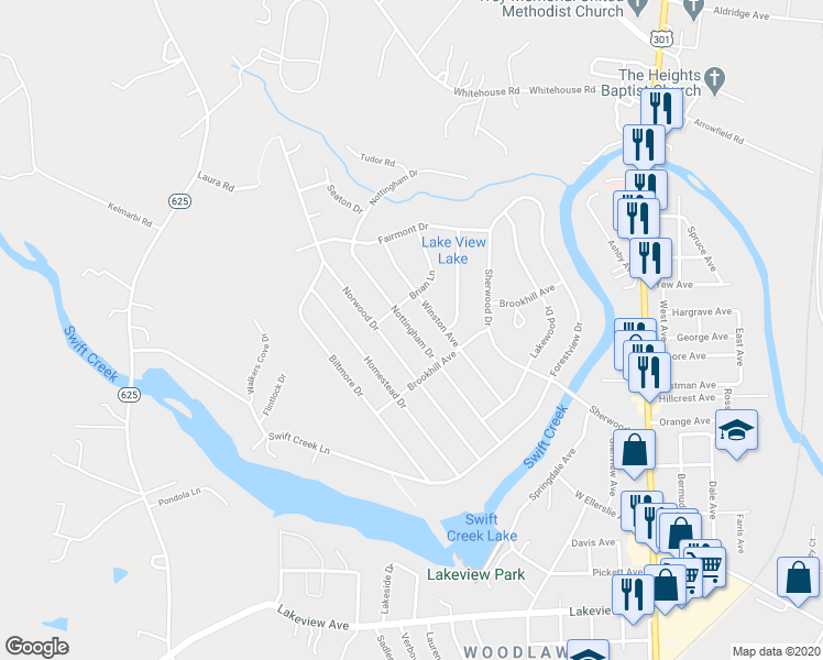 map of restaurants, bars, coffee shops, grocery stores, and more near 206 Nottingham Drive in Colonial Heights