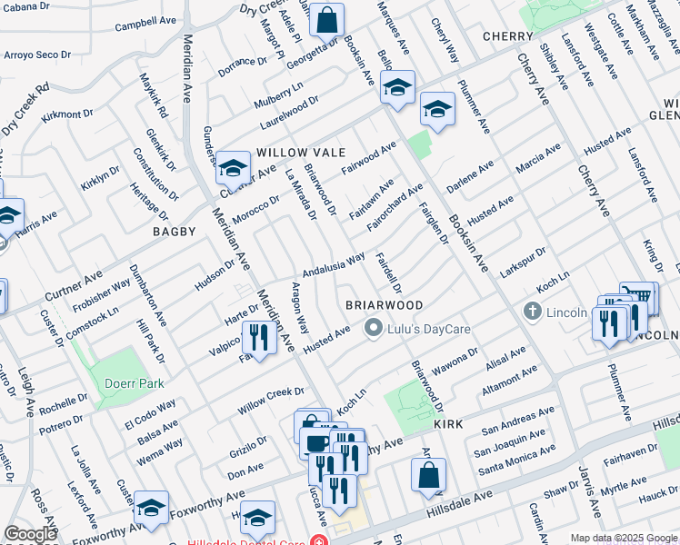 map of restaurants, bars, coffee shops, grocery stores, and more near 1669 Andalusia Way in San Jose