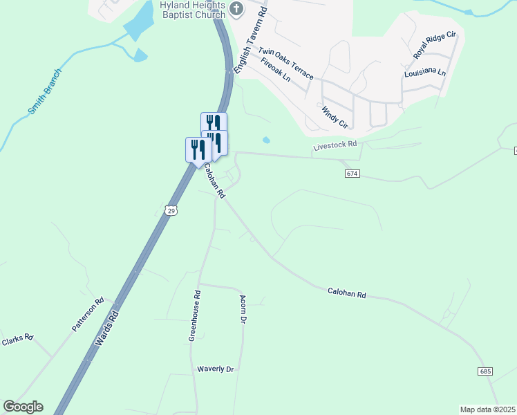 map of restaurants, bars, coffee shops, grocery stores, and more near 110 Barringer Drive in Rustburg