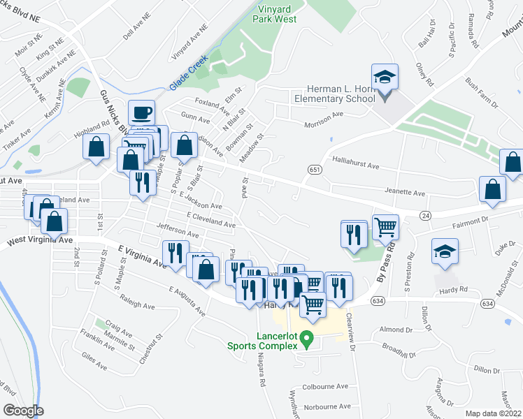 map of restaurants, bars, coffee shops, grocery stores, and more near 840 Mansard Square Drive in Vinton