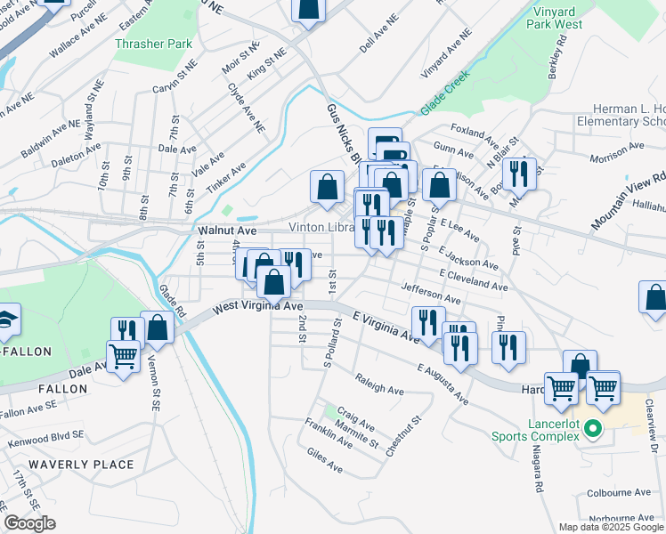 map of restaurants, bars, coffee shops, grocery stores, and more near 450 1st Street in Vinton
