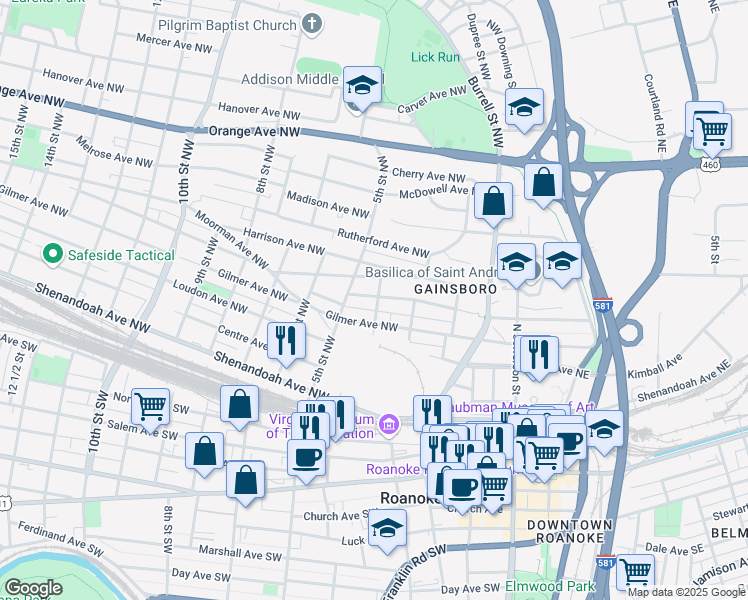 map of restaurants, bars, coffee shops, grocery stores, and more near 422 4th Street Northwest in Roanoke
