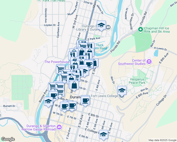 map of restaurants, bars, coffee shops, grocery stores, and more near 1361 East 3rd Avenue in Durango