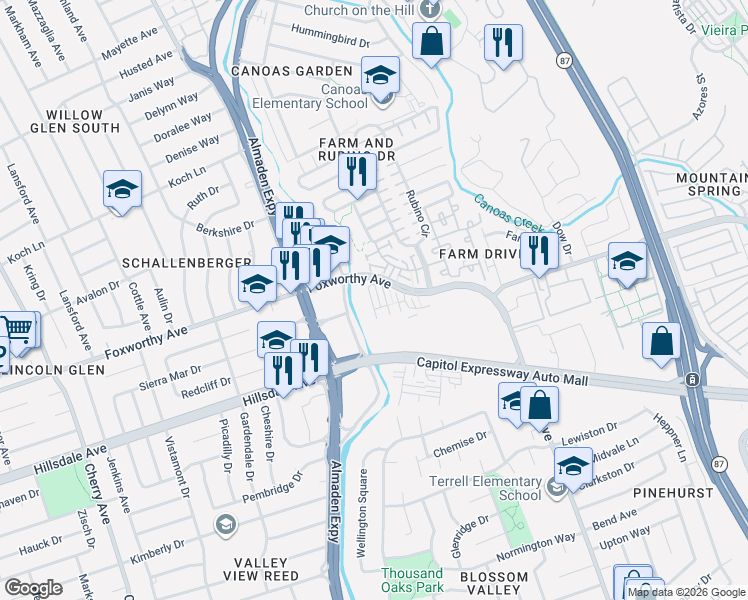 map of restaurants, bars, coffee shops, grocery stores, and more near 3126 Foxworthy Avenue in San Jose