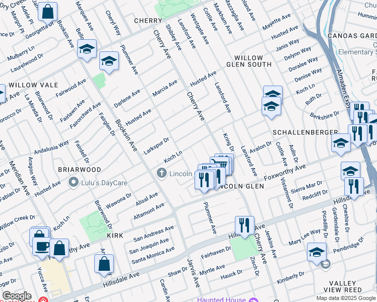 map of restaurants, bars, coffee shops, grocery stores, and more near 1478 Koch Lane in San Jose