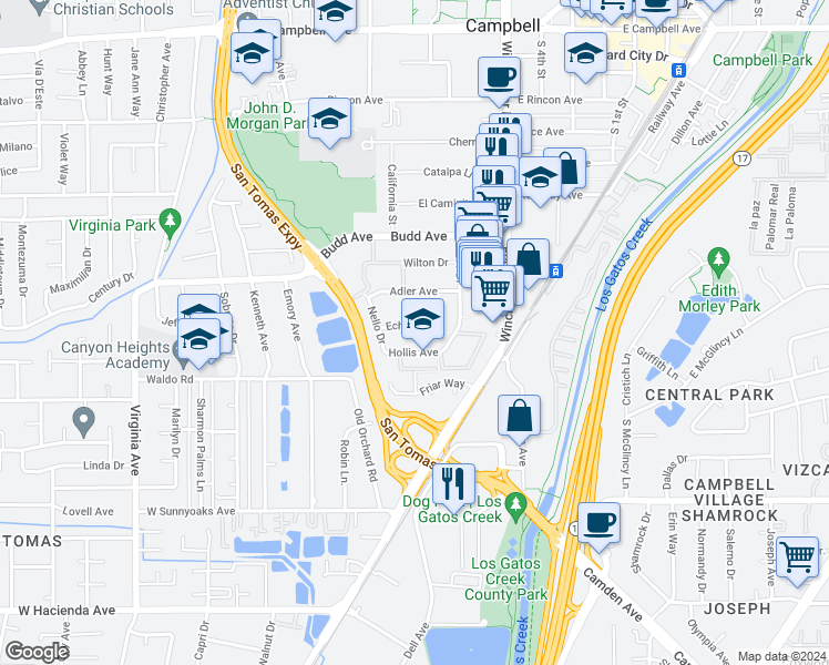 map of restaurants, bars, coffee shops, grocery stores, and more near 185 Echo Avenue in Campbell