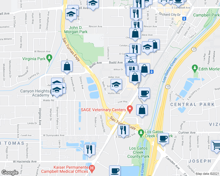 map of restaurants, bars, coffee shops, grocery stores, and more near 601 Nello Drive in Campbell