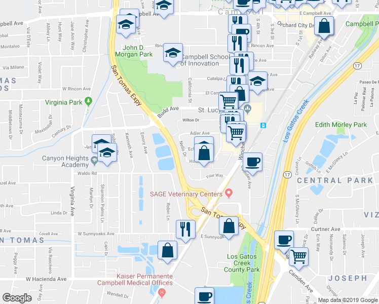 map of restaurants, bars, coffee shops, grocery stores, and more near 601 Nello Drive in Campbell