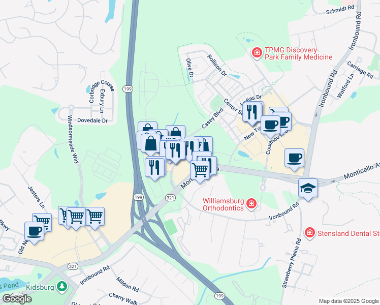 map of restaurants, bars, coffee shops, grocery stores, and more near 4901 Settlers Market Boulevard in Williamsburg