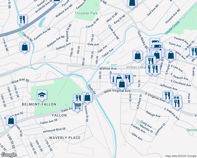 map of restaurants, bars, coffee shops, grocery stores, and more near 5th Street in Vinton