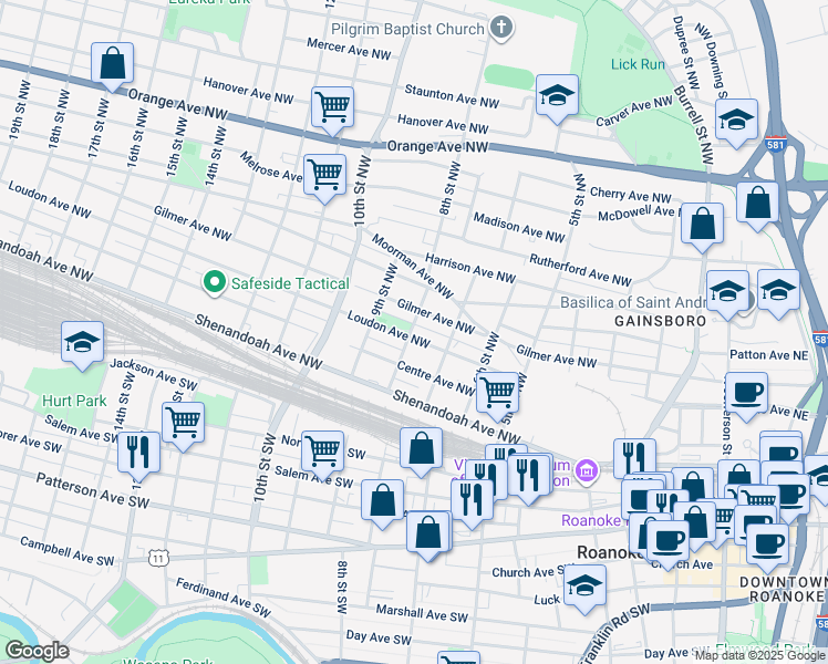 map of restaurants, bars, coffee shops, grocery stores, and more near 810 Gilmer Avenue Northwest in Roanoke