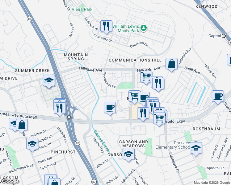 map of restaurants, bars, coffee shops, grocery stores, and more near 3288 Bruno Court in San Jose
