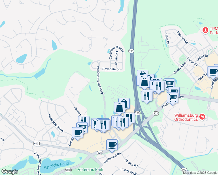 map of restaurants, bars, coffee shops, grocery stores, and more near 2880 Ben Franklin Circle in Williamsburg