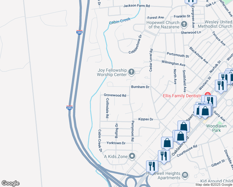 map of restaurants, bars, coffee shops, grocery stores, and more near 3911 Grovewood Road in Hopewell