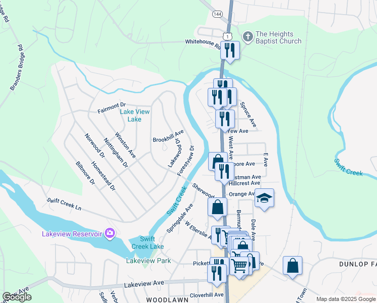 map of restaurants, bars, coffee shops, grocery stores, and more near 912 Forestview Drive in Colonial Heights
