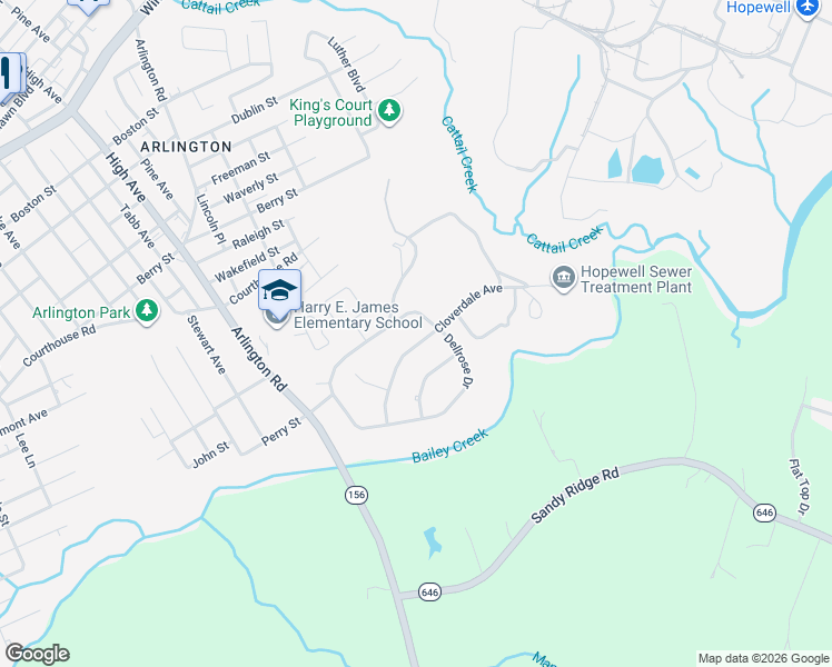 map of restaurants, bars, coffee shops, grocery stores, and more near 2103 Cloverdale Avenue in Hopewell