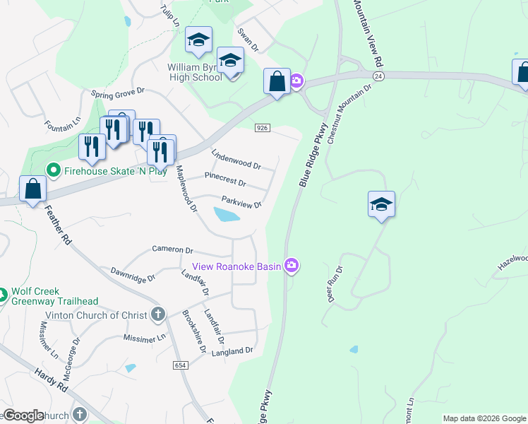 map of restaurants, bars, coffee shops, grocery stores, and more near 2673 Parkview Drive in Vinton