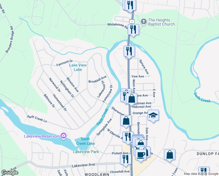 map of restaurants, bars, coffee shops, grocery stores, and more near 912 Forestview Drive in Colonial Heights