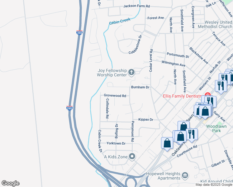 map of restaurants, bars, coffee shops, grocery stores, and more near 3911 Grovewood Road in Hopewell