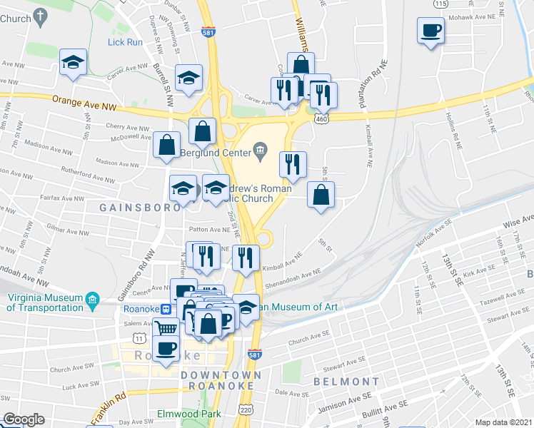 map of restaurants, bars, coffee shops, grocery stores, and more near 508 Highway 116 in Roanoke