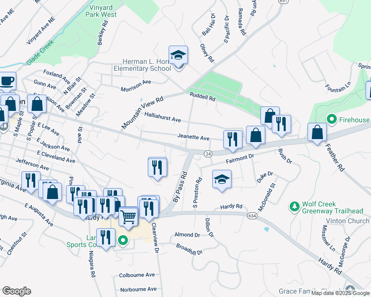 map of restaurants, bars, coffee shops, grocery stores, and more near 1106 East Washington Avenue in Vinton