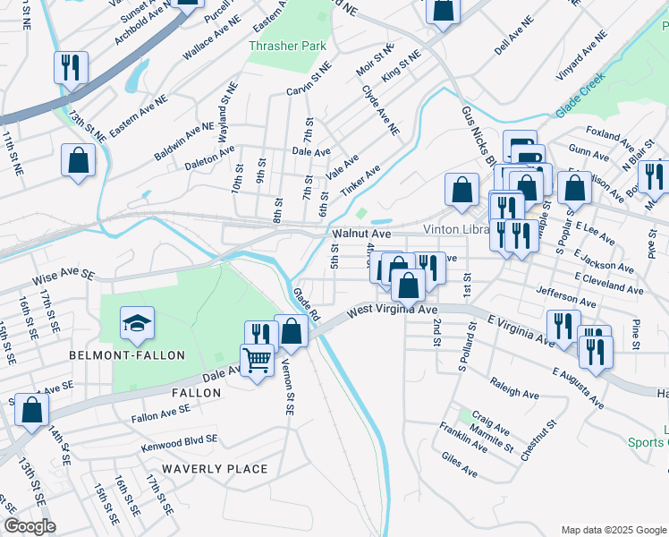 map of restaurants, bars, coffee shops, grocery stores, and more near 5th Street in Vinton