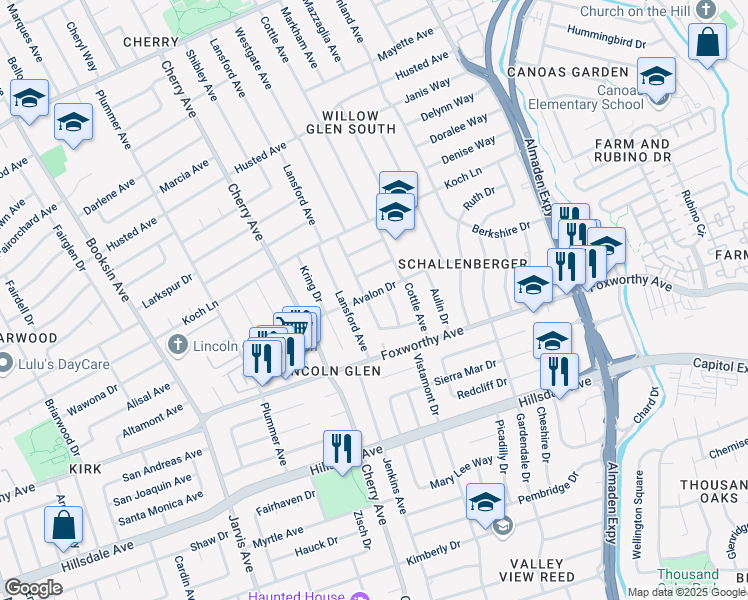 map of restaurants, bars, coffee shops, grocery stores, and more near 1326 Avalon Drive in San Jose