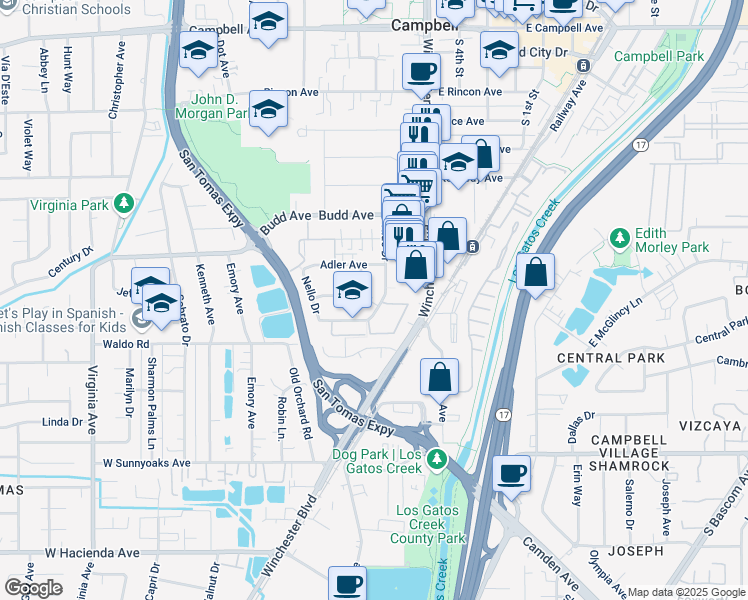 map of restaurants, bars, coffee shops, grocery stores, and more near 2521 South Winchester Boulevard in Campbell