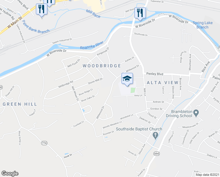map of restaurants, bars, coffee shops, grocery stores, and more near 1633 Millwood Drive in Salem