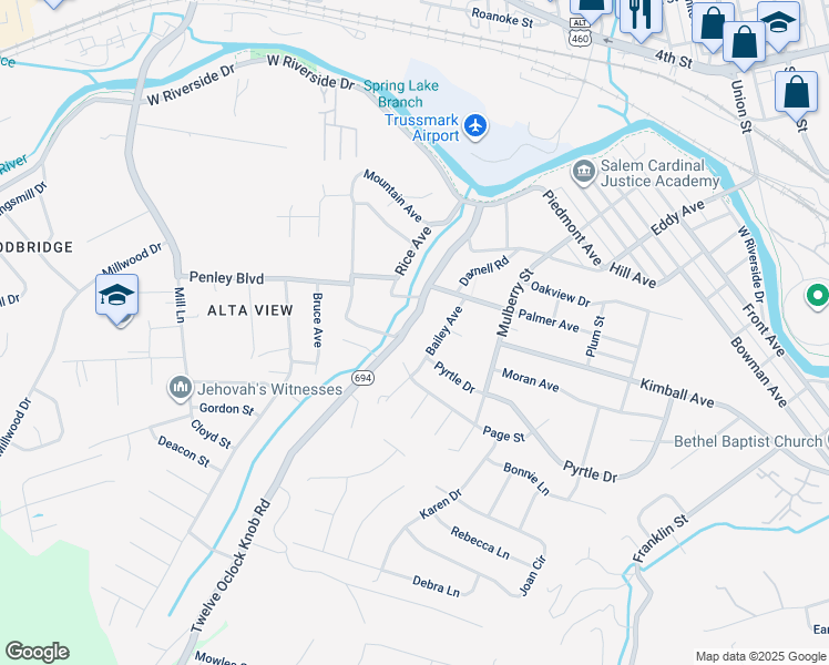 map of restaurants, bars, coffee shops, grocery stores, and more near 2130 12 Oclock Knob Road in Salem