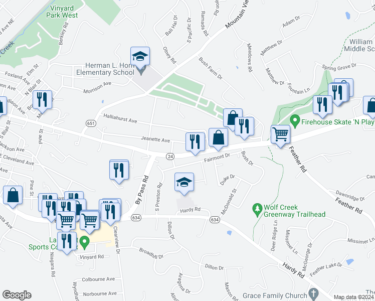 map of restaurants, bars, coffee shops, grocery stores, and more near 1216 East Washington Avenue in Vinton