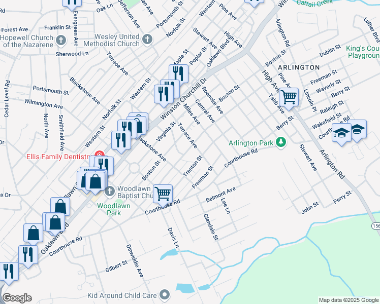 map of restaurants, bars, coffee shops, grocery stores, and more near 3102 Granby Street in Hopewell