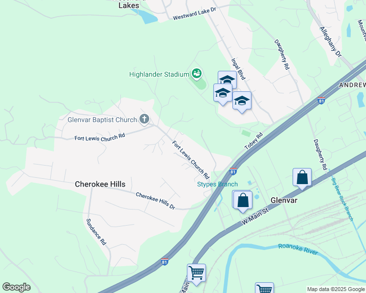 map of restaurants, bars, coffee shops, grocery stores, and more near 4578 Fort Lewis Church Road in Salem
