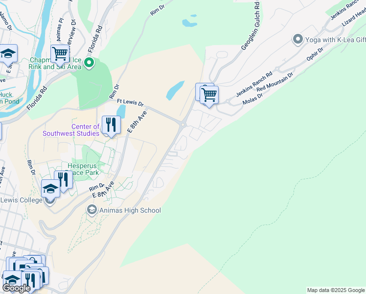 map of restaurants, bars, coffee shops, grocery stores, and more near 1000 Goeglein Gulch in Durango