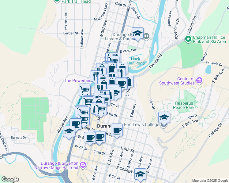 map of restaurants, bars, coffee shops, grocery stores, and more near 1316-A Main Avenue in Durango