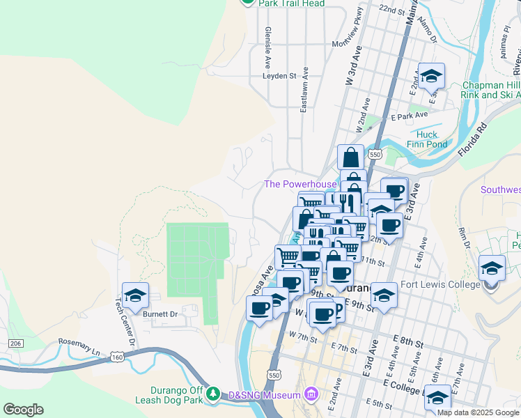 map of restaurants, bars, coffee shops, grocery stores, and more near 12 Falcon Way in Durango