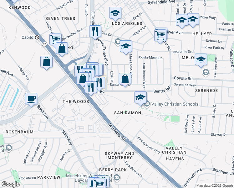 map of restaurants, bars, coffee shops, grocery stores, and more near in San Jose
