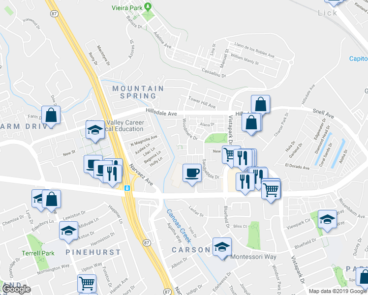 map of restaurants, bars, coffee shops, grocery stores, and more near 489 Tarter Court in San Jose
