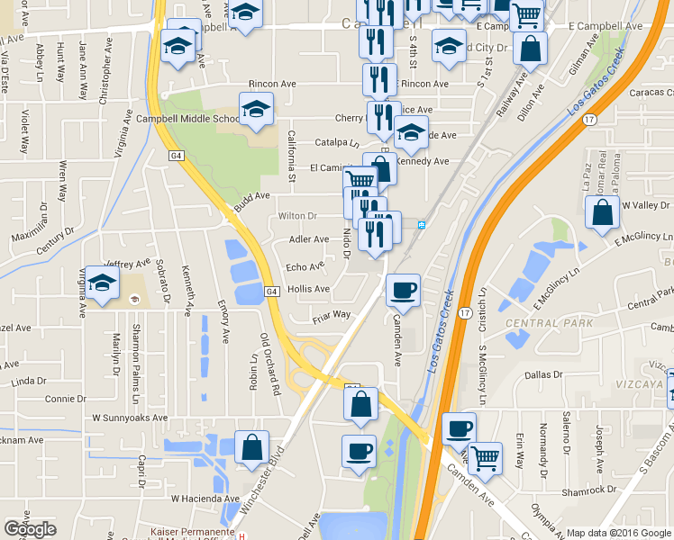 map of restaurants, bars, coffee shops, grocery stores, and more near 2521 South Winchester Boulevard in Campbell