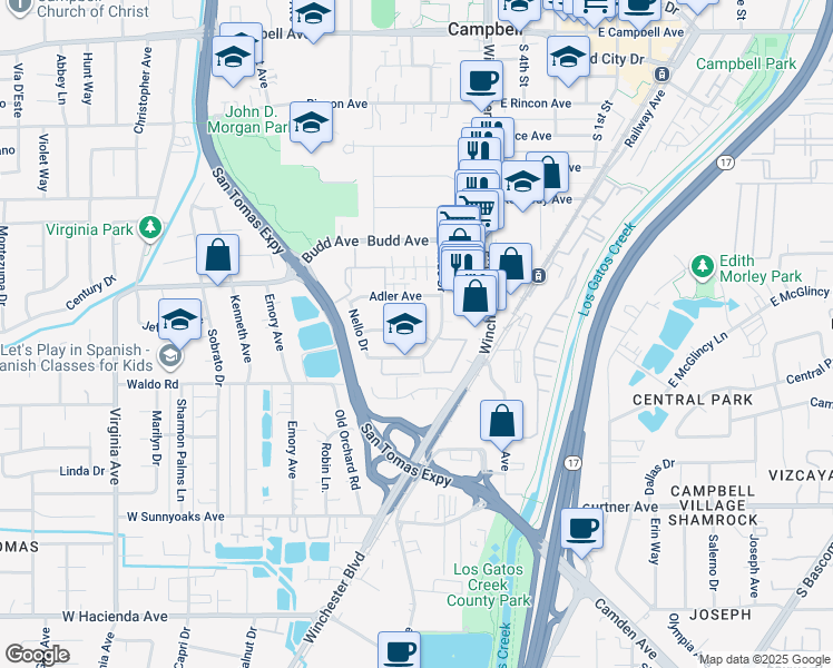map of restaurants, bars, coffee shops, grocery stores, and more near 185 Echo Avenue in Campbell