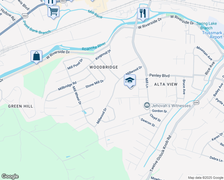map of restaurants, bars, coffee shops, grocery stores, and more near 1633 Millwood Drive in Salem