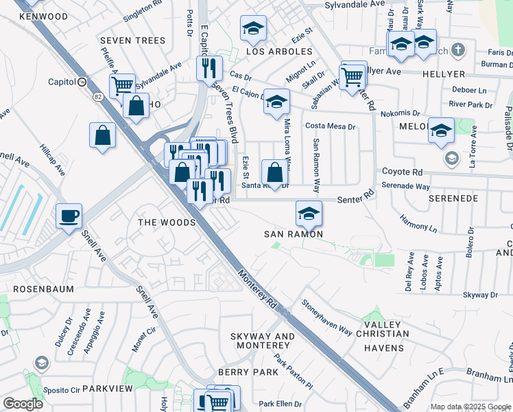 map of restaurants, bars, coffee shops, grocery stores, and more near 150 Senter Road in San Jose
