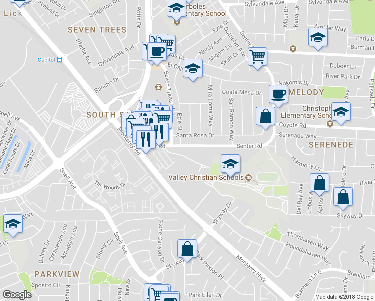 map of restaurants, bars, coffee shops, grocery stores, and more near in San Jose