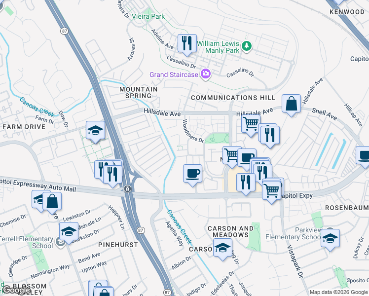map of restaurants, bars, coffee shops, grocery stores, and more near 501 Manhattan Place in San Jose