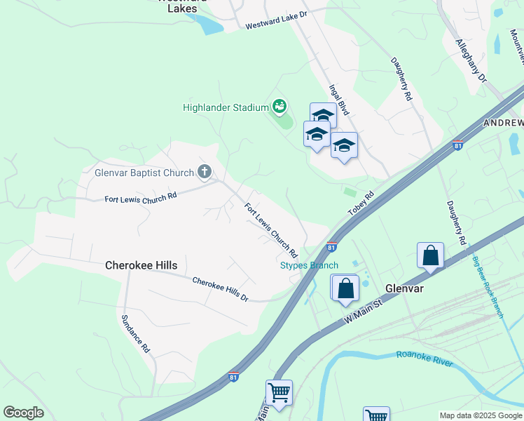 map of restaurants, bars, coffee shops, grocery stores, and more near 4578 Fort Lewis Church Road in Salem
