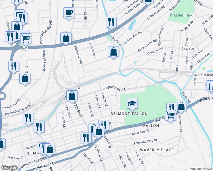 map of restaurants, bars, coffee shops, grocery stores, and more near 1722 Wise Avenue Southeast in Roanoke