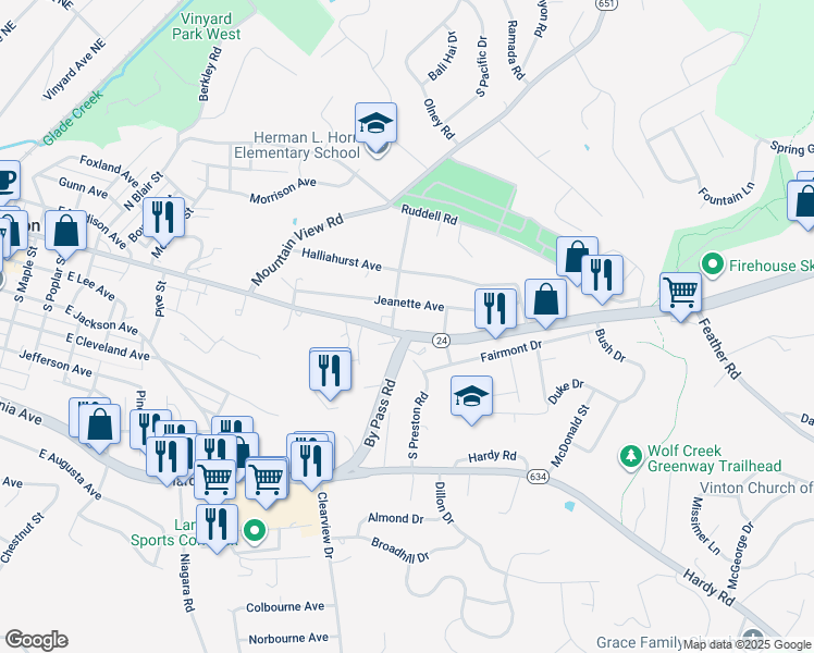 map of restaurants, bars, coffee shops, grocery stores, and more near 1106 East Washington Avenue in Vinton